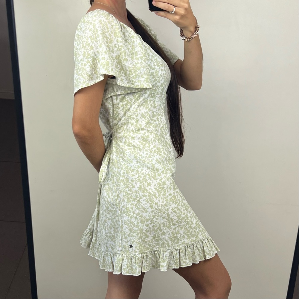 Ghanda Field Mini Dress Green White Floral Back Waist Tie Frill Hem Boho Size M - Picture 4 of 14